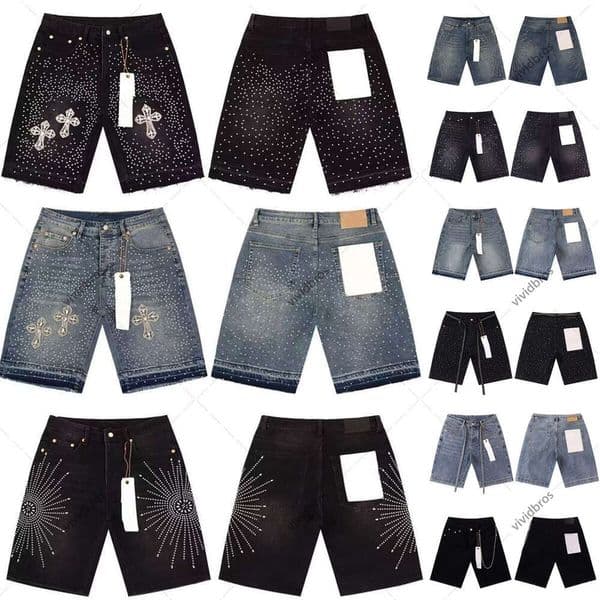 mens jean rhinestone pants cotton relaxed zipper fly midweight knee length beads casual streetwear short homme jorts men designer shorts