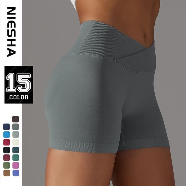 Women High Waist Seamless Yoga Shorts Cross Waist Peach Butt Lifting Soft Skinny 3'' Fitness Shorts