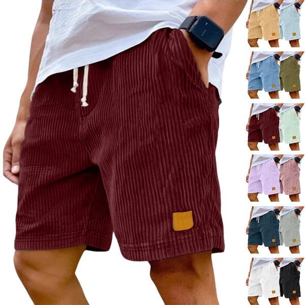 New European And American Men's Vintage Embroidered Leather Label Corduroy Essential Shorts Versatile Fashion Lace-up Casual Shorts