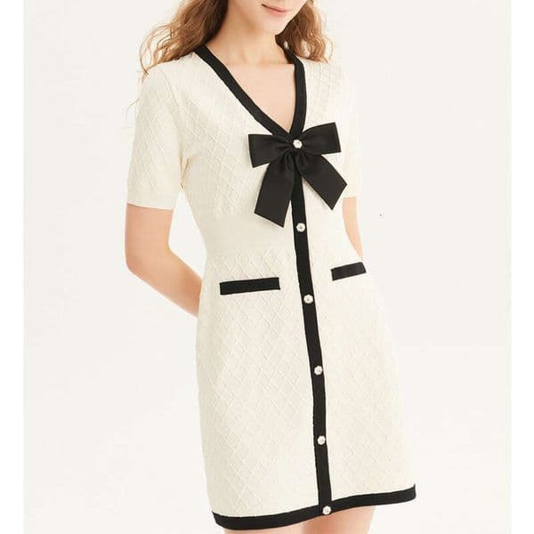 2026 Summer New Designer Elegant V-neck Quilted Bow f23 Single breasted Knitted Dress for Women