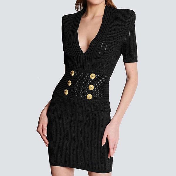 European and American new fashion designer high-quality knitted j29 fabric V-neck slim fit short sleeved dress 2026