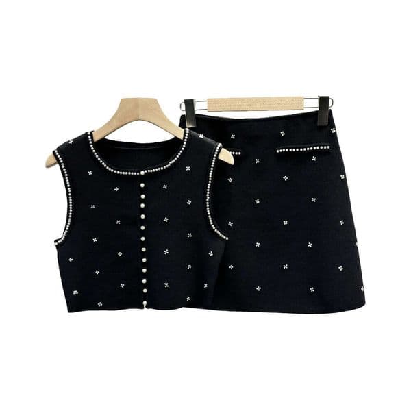 2026 Spring Fragrance Style Women's Designer Fashionable and Exquisite A12 Beaded Slimming Round Neck Sleeveless High Waist Skirt