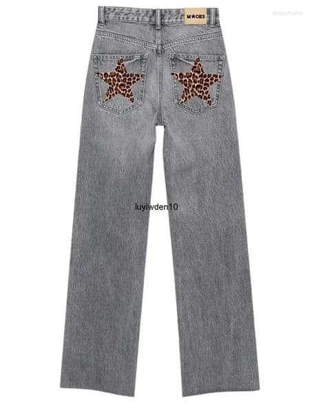 Women's Jeans Womens Jeans High Waist Leopard Star Patch Straight Fashion Clothing Clean Blue Pants Retro Trousers Denim