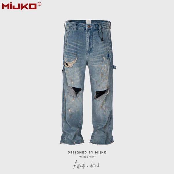 MIJKO Heavy Duty Jeans Knife-cut Patch Splatter Jeans ZJ060
