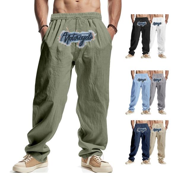 American Style Men's Linen Loose Wide-leg Hip-hop High Street Trend Essential Pants Washed Embroidered Jogger Casual Sports Pants