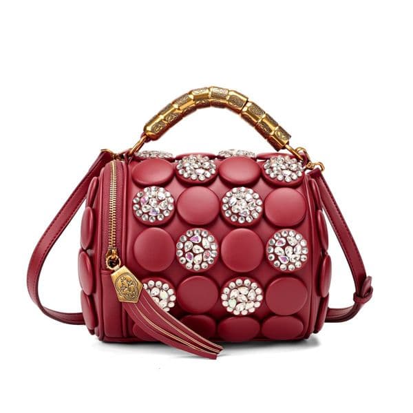 Luxury Designer Evening Bags Vintage Elegant Cylinder Handbag Luxury Diamond Encrusted 3D Polka Dot Decoration Bucket Bag Trendy Buttoned Shoulder Bag