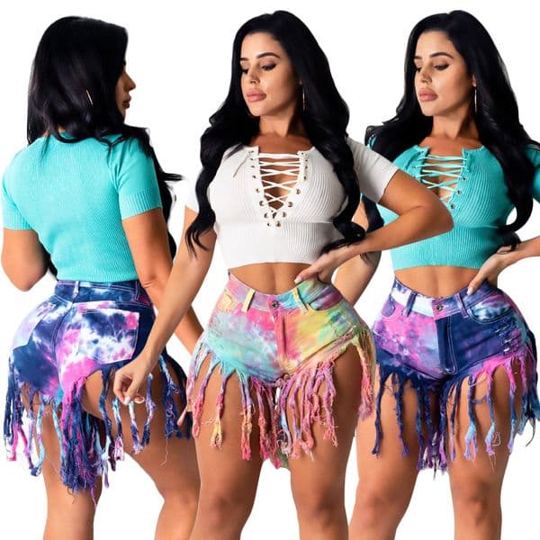 Tassel frayed tie-dye faux denim shorts for women bulk discounts available casual style