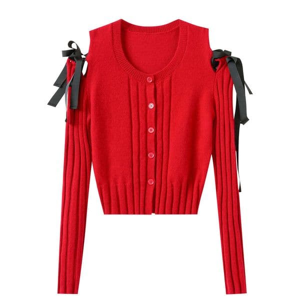 2026 autumn A12 and winter new designer red romantic bow knitted cardigan with diamond decoration for women loose fit