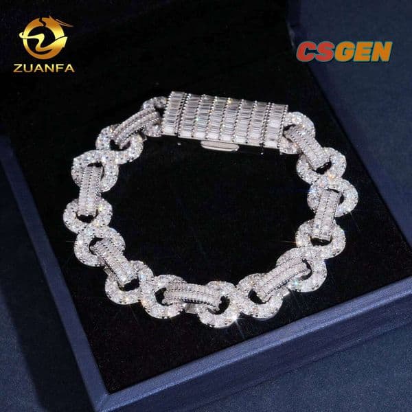 Rapper Trendy Jewelry Hip Hop Moissanite 925 Sterling Silver 13Mm Baugette Lock Infinite Cuban Link Bracelet Jewelry