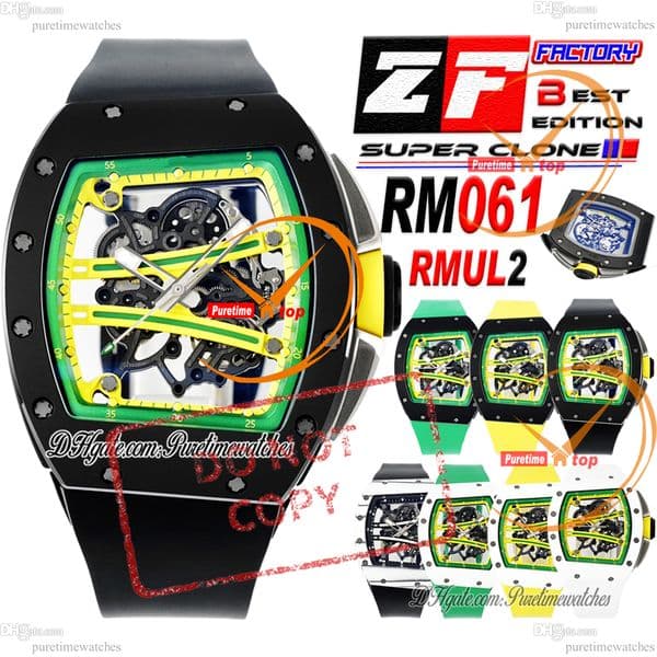 061 TZP-N RMUL2 Automatic Mens Watch ZF 43mm Black Ceramic Green Yellow Skeleton Dial Rubber Strap Puretimewatches CHS Reloj Hombre Montr A01