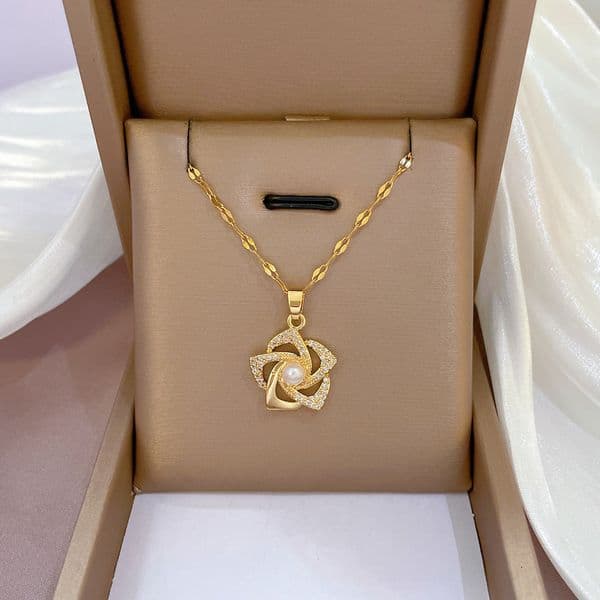 Luxury Brand Designer Jewelry Luxury Brand Designer Jewelry Steel Light Luxury Full Diamond Micro Inlaid Zircon Pearl Rotating Flower Necklace Copper Electropla