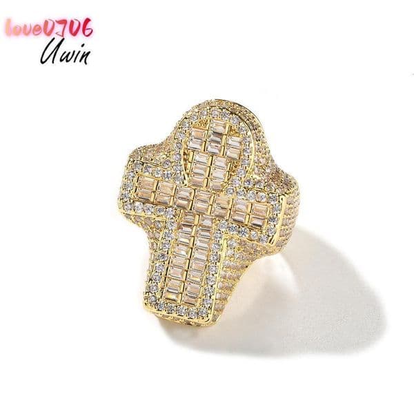 New Arrival Baguette Stone Ring Ladies Mens Cross Rings Hip Hop18K Gold Bling Jewelry