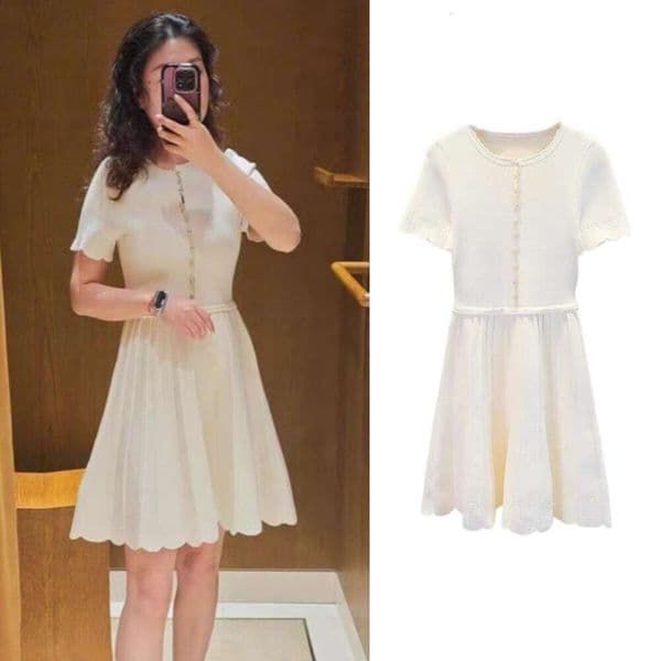 2026 summer new cc women's designer French elegant slim fit single breasted waist knit pleated skirt