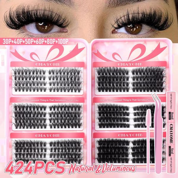 DIY False Eyelashes Thick Fluffy 424Pcs DIY Cluster Lashes Kit with Lash Bond & Seal Tweezer Handmade Reusable D Curled Individual Eyelash Extensions