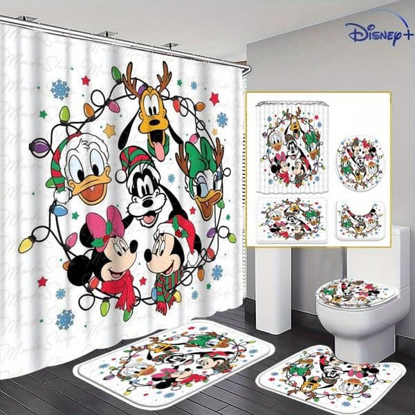 Mickey Mouse Minnie Mouse Shower Curtain Set Donald Duck Goofy Daisy Duck Disney Cartoon Floor Mats Cute Bathroom Home Decoration Partition curtainsn 4pcs