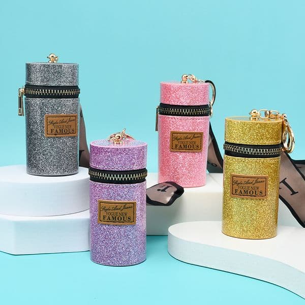 AcHot selling Glitter Cylinder Bag Retro Label Design Portable Lipstick Bag Coin Wallet Keychain cessories Shipping Free Shipping