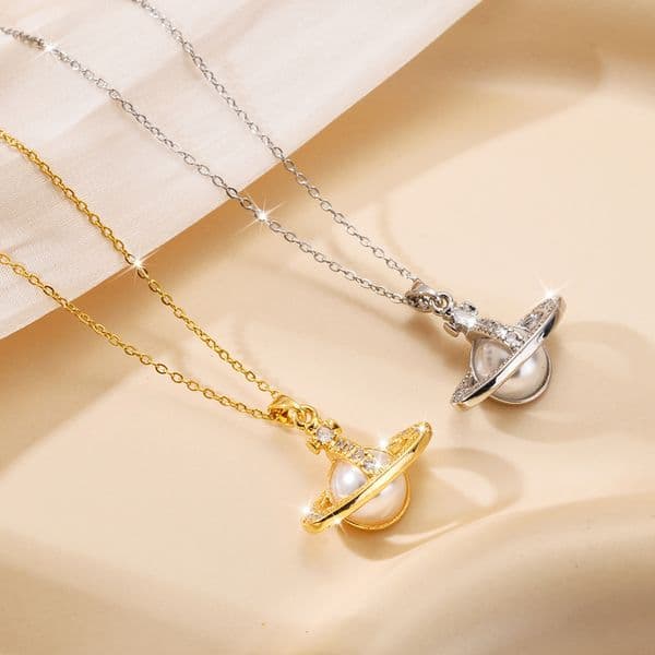 Pearl Saturn Titanium Steel Necklace for Women, Unique Design, Stylish and Versatile, Zircon Geometric Planet Pendant Accessory