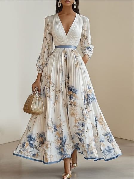 Elegant Floral Print Party Dresses Women Sexy V Neck Boho Patchwork Long Dress Fall Spring Long Slve Fashion Robe Femme L250916