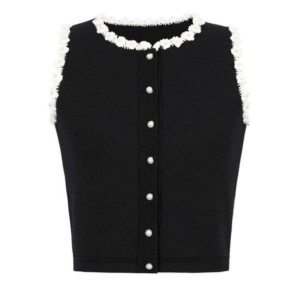 q26 High quality summer new designer elegant slim fit sleeveless knitted top with 3D floral design vest T-shirt