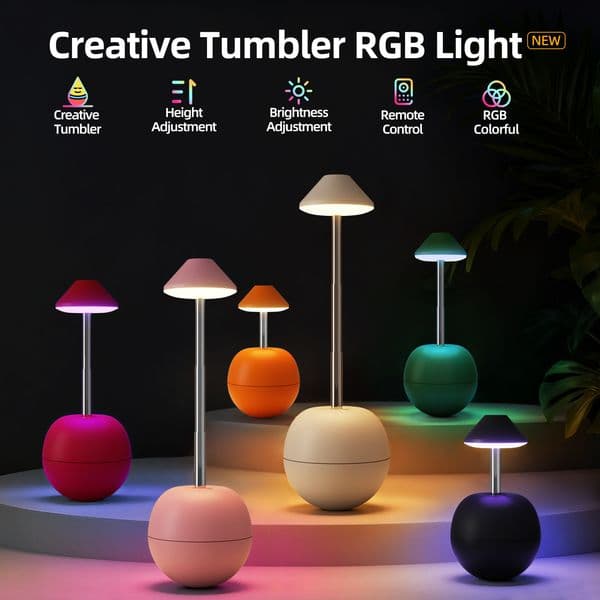 Creative Tumbler RGB Table Lamp, Rechargeable Remote Control Height Adjustable Night Light, Bedroom Desktop Atmosphere Decor Lamp