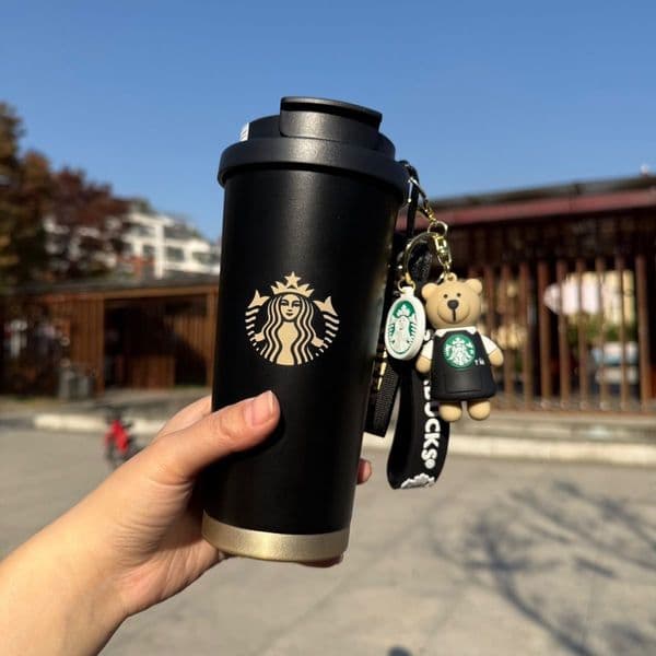 Starbucks 17.62 OZ Stainless Steel Coffee Cup Travel Mug Black White Insulated Tumbler With Strap Gift Drinkware