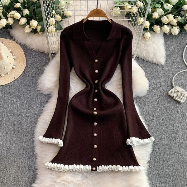 CNLONGBIDA Casual Dresses Autumn Winter French Fashion Old Money Long Sleeve Knit Dress Women 2000s V-Neck Frock Mini One-Piece Vintage Coquette c9 d6