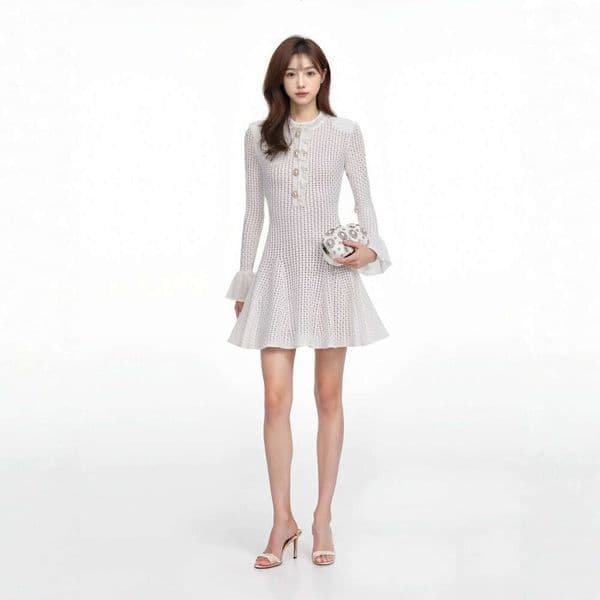 2026 Autumn New Designer Gorgeous Petite g20 Hollow Bell Sleeves Slimming Pearl Button Women's CC Knitted Dress