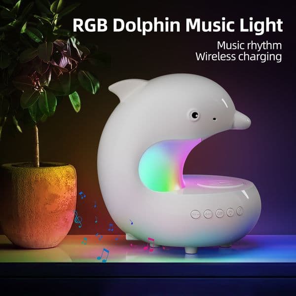 Dolphin Shape Multifunctional Night Light with Wireless Charging Bluetooth Speaker RGB Ambient Lighting for Bedroom