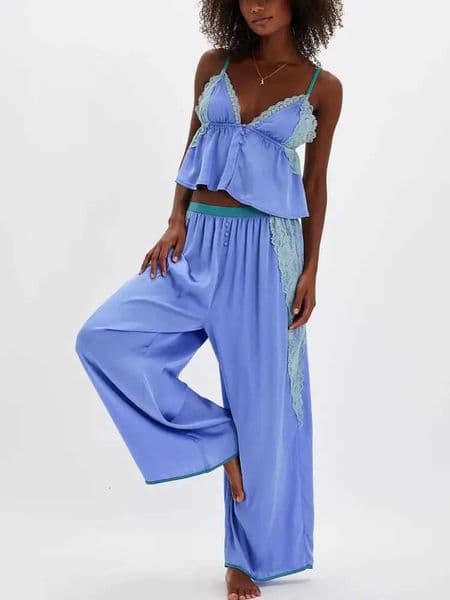 Womens Solid Satin Pajama Set V-Neck Lace Cami Top Elastic Waistband Lace Trim Pants Womens Sleepwear Loungewear C260327