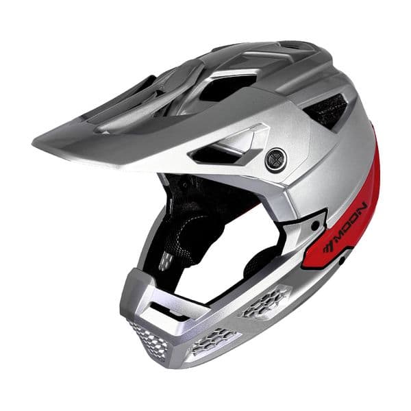MOON Full-Face Off-Road Helmet in Silver with Red Accents Ultimate Safety for Mountain Biking