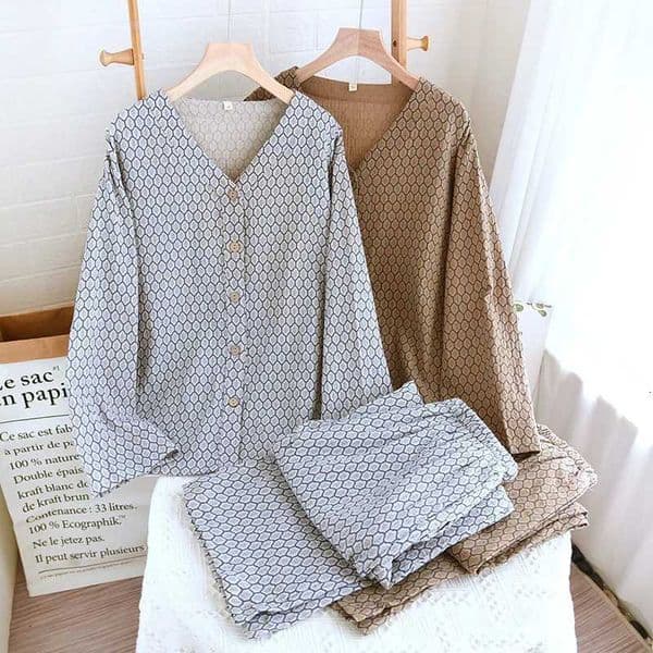 Pure Cotton V-neck Long Sleeve Trousers Pajama Set Loose and Comfortable Casual Wear Spring Geometric Cardigan Home Clothing C260327