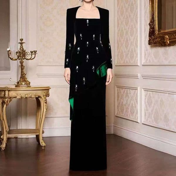 Spring and Autumn d24 New Designer High Quality Fashion Square Collar Waist Slim Fit Inlaid Long Sleeve Women's Long Skirt