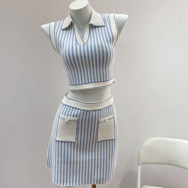 2026 Summer Designer French Style Blue and A14 White Vertical Stripe Small Collar Knitted Tank Top and Skirt Set