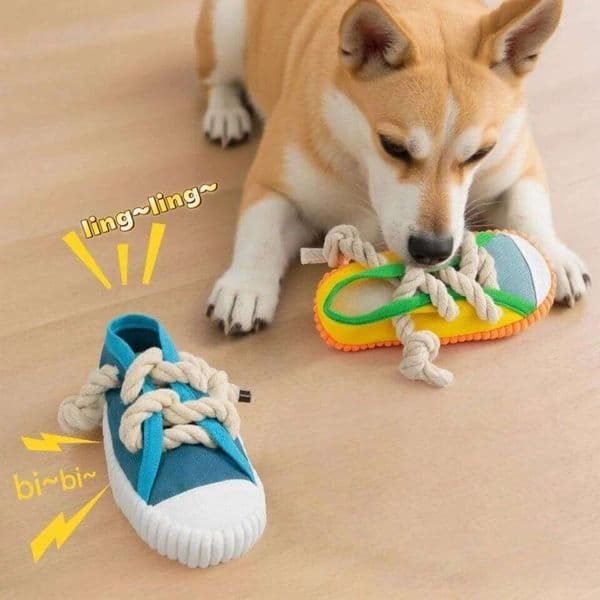 Dog Chewing Squeaky Bite Resistant Canvas Shoes Knot Puppy Teeth Cleaning Training with a bell Chew Toy Supplies 26H0327