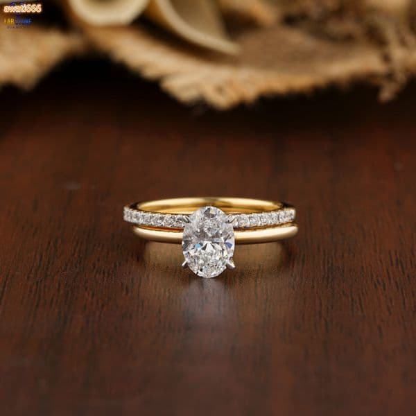 1168 TDW Oval Round Cut Diamond Ring 18k Yellow Gold Solitaire Ring With Pave Setting Band Cvd/Hpht Diamond Lab Stone