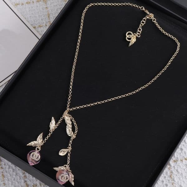 Gold Tone Leaf And Pink Peach Charm Necklace Delicate Elegant Daily Wear Gift For Her Premium Accessory