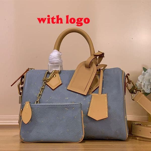 New Women's Speed y P9 Bandoulier e 25 M28080 Golden Silk Blue Main compartment lock Inside zipped pocket leather pouch Name tag Key bell shines versatility