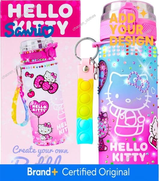 Designer Get Trend Sanrio Hello Kitty Decorate Your Own Water Bottle Kit Girls, Teens, 18.6 Fl Oz, Stickers Kawaii Gifts For Girls (Multi Hello Kitty) Luxury Go