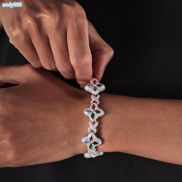 New Arrivals Pink White Colorful Clover Bracelet Necklace S925 silver Iced Out Flower 5A Moissanite Diamond Cuban Chain for Rapper