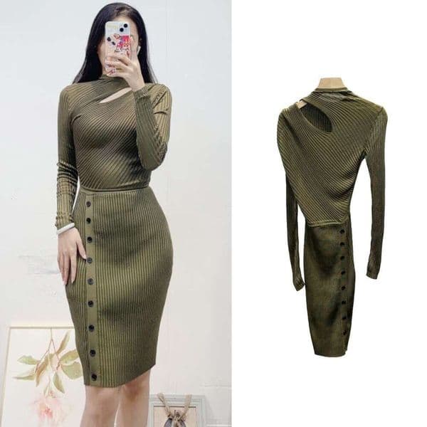 2026 designer's new c1 women's French CC c1 elegant knitted long skirt sexy collarbone exposed long sleeved slim fit dress