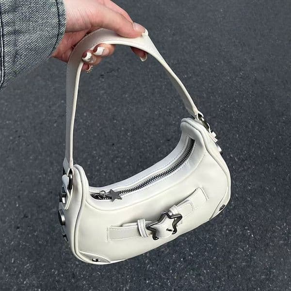 Free Shipping High Value White Star Decor Baguette Bag for Women Y2K Style Shoulder Handbag with Zipper Closure and Pocket Space
