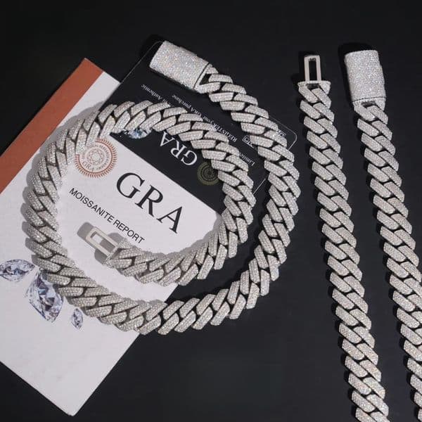 GRA Diamond Tester Hip Hop Necklace 15mm Three Rows 925 Silver VVS Moissanite Cuban Chain