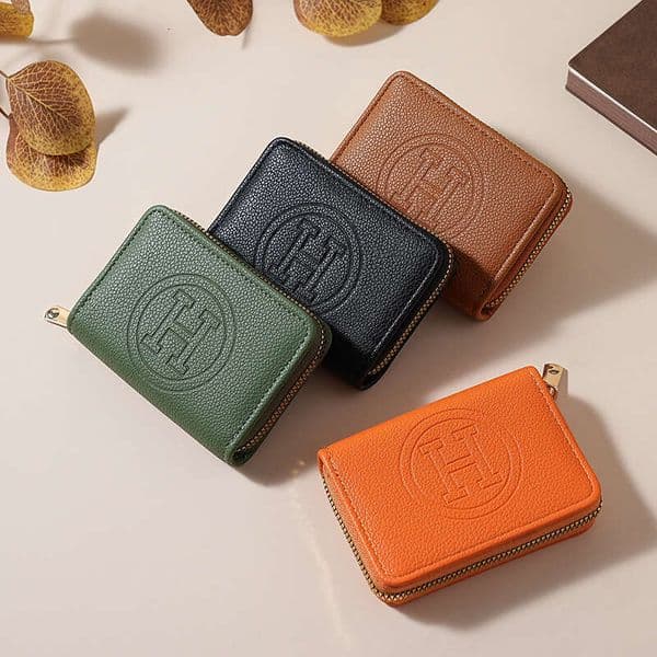 Women's Premium Leather Zip Around Wallet, Embossed H Design Card Holder with Coin Compartment, Short Bifold Purse