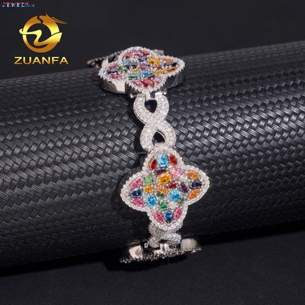 Custom Made Fashion Style Rapper Luxury Jewelry S925 Silver Iced Out Hip Hop Multi Color Moissanite Clover Flower Cuban Bracelet