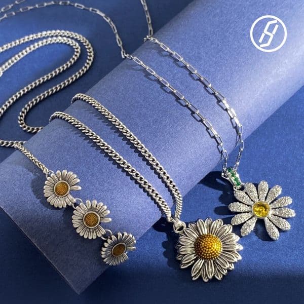 2026 Trendy Vintage Antique Silver Finish Daisy Necklace Instagram Style Minimalist Elegant Necklace Bracelet Jewelry Set Original Jewelry Designer Necklace