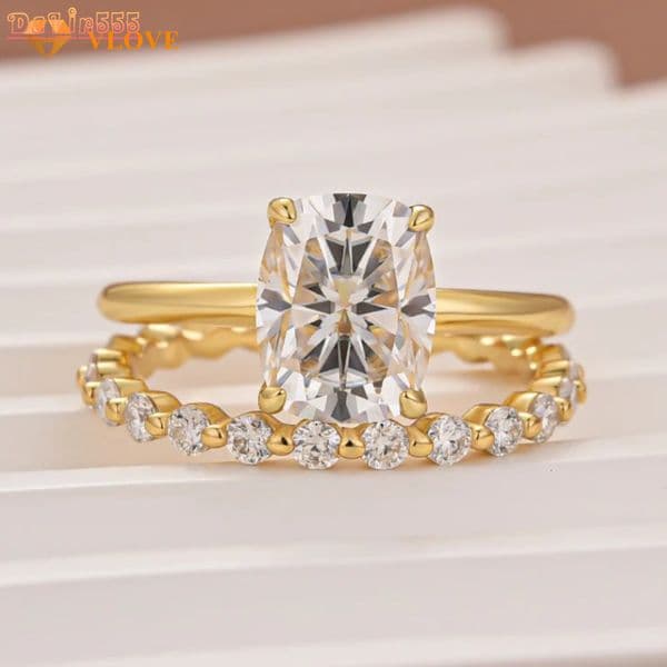 Square Cushion Cut Lab Grown White Diamond Engagement Ring Set 14K White/Yellow/Rose Gold Wedding Bridal Set