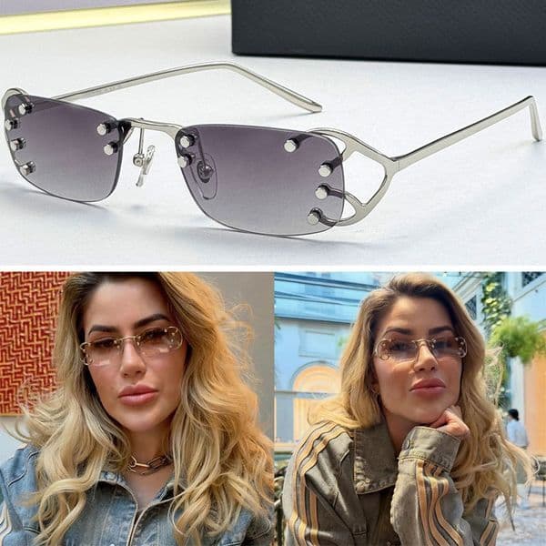 Fashion Women Runway SunglassesPRC57 Designer Womens Rectangular Frame Frameless Lens Sunglasses Luxury Ultra Light Silver Metal Frame Glasses UV400 Protection
