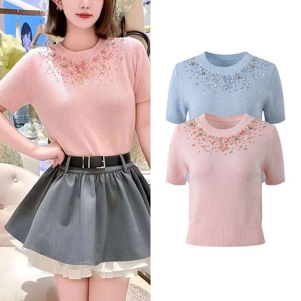2026 autumn h28 new designer FC fashionable sweet and gentle style heavy nail sequin round neck pullover short sleeved knitted top