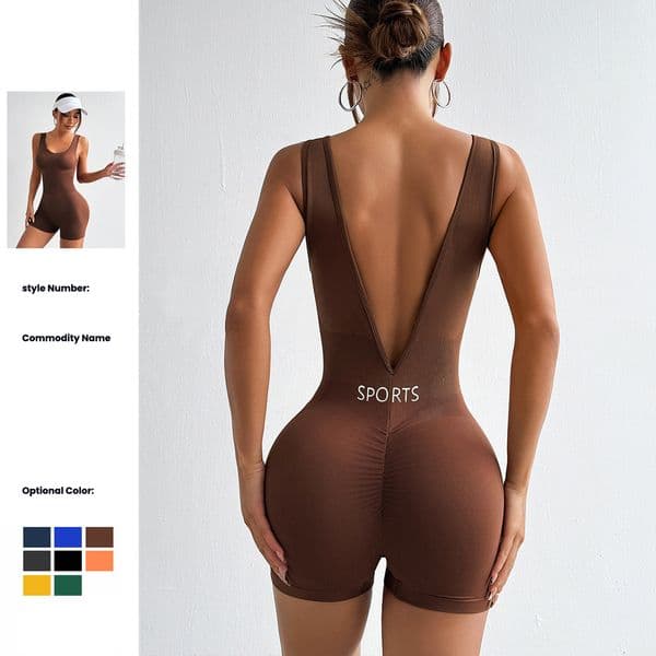 Women's Deep V Waist Yoga Jumpsuit, Body Shaping Fitness Wear, Tight Short One-Piece Sportswear In Stock