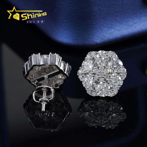 IGI Certificate Hip Hop 14K Real White Gold Round Lab Diamond Cluster Flower Stud Earrings Gift for Women Men Fine Jewelry